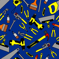 Seamless pattern construction tools vector equipment tool. Carpenter working table construction tools. Carpentry instrument spanner and woodwork industry concept construction tools hammer work.