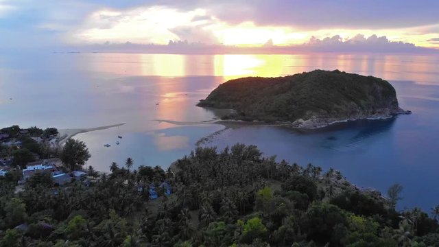 Drone view of a amazing scenery in a bucolic coast during sunset. Koh Phangan. 1920x1080