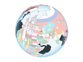 Armenia with flag on globe isolated