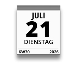 Kalender für Dienstag, 21. JULI 2026 (Woche 30)