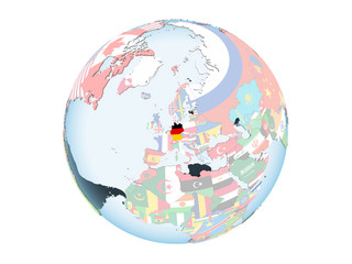 Germany with flag on globe isolated