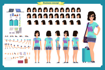 Tourist female, vacation traveller character creation set. Full length, views, emotions, gestures, tan skin tones, white background. Build your own design. 