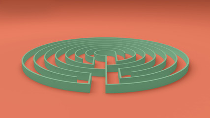 Fototapeta na wymiar Round red and green labyrinth maze game with entry and exit, find the way concept, background idea with copy space