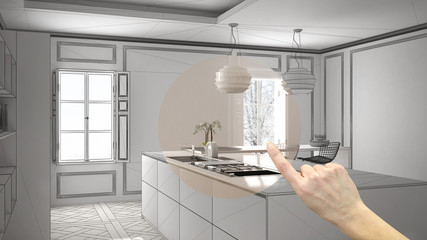 Hand pointing interior design project, home project detail, deciding on rooms furnishing or remodeling concept, modern kitchen in classic interior, island with stools and two big windows