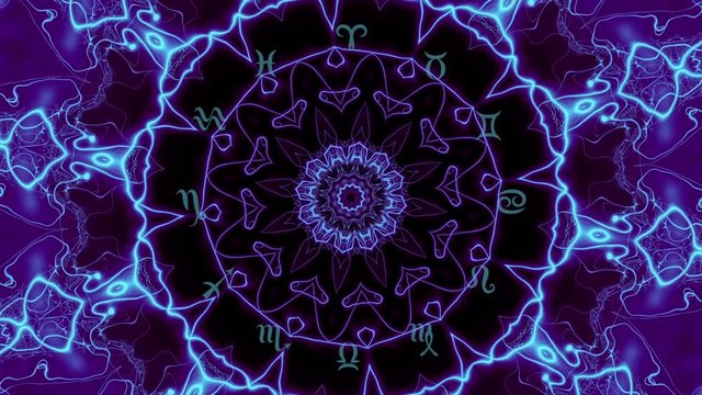 Transforming Magic circle with zodiacs sign on balck mystic mandala background..