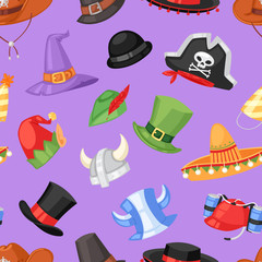 Cartoon hat vector comic cap for celebrating birthday party or Chrisrmas with headwear or head-dress illustration set of funny headgear cowboy pirate or elf seamless pattern background