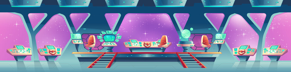 Vector cartoon interior of spaceship with control panels, virtual screens. Compartment for crew with chairs for pilots, large porthole with view of outer space. Concept background for game design