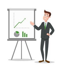 Business man presents diagrams on flip chart. Vector illustration.