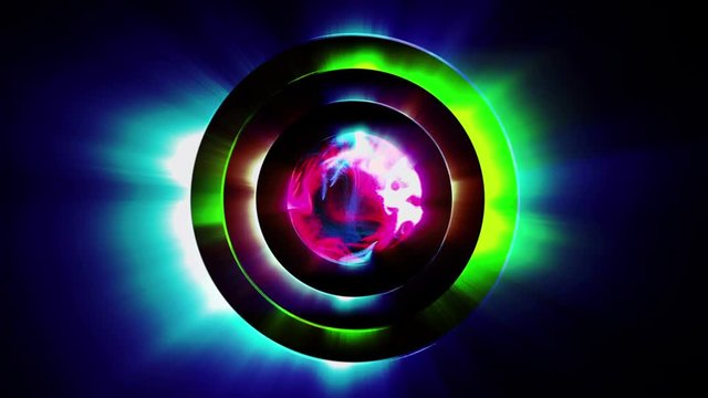 Multicolored concentric circles with abstract sphere in center, seamless loop. 3D motion graphics, 4K animation.
