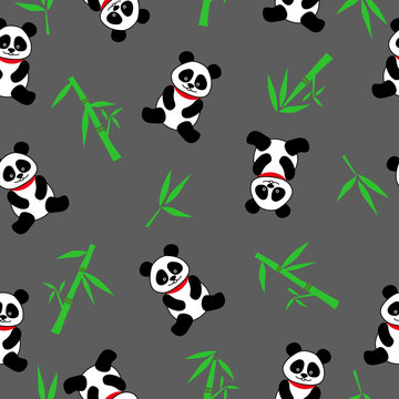 Seamless vector background with cute pandas and bamboo. seamless panda bears.