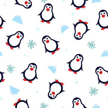 seamless background with penguins and snowflakes on a white background