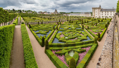 The famous gardens at the Chateau of Villandry in the Indre et Loire region of the Loire Valley, France