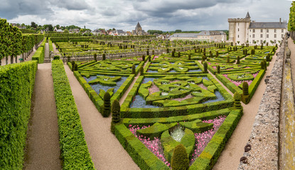 The famous gardens at the Chateau of Villandry in the Indre et Loire region of the Loire Valley,...