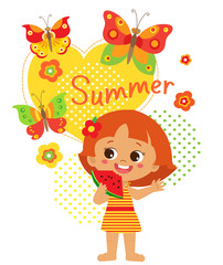 Happy Holidays. Cute Summer Girl Vector. Summer Time Vector Illustration. Cartoon Baby Girl Eating Watermelon On White Background. Color Butterflies And Kids. Happy Childhood Memories.
