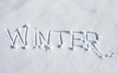 Winter. Hand drawn text over white snow