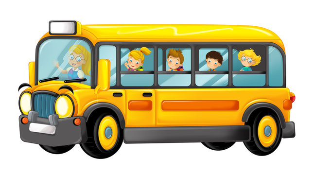 funny looking cartoon yellow bus with pupils - illustration for children