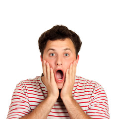 Shocked man opening mouth wide opened and touching face with hands. emotional guy isolated on white background