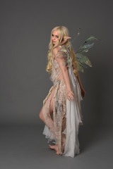 full length portrait blonde girl waring fairy costume, standing pose with back to the camera. grey...