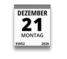 Kalender für Montag, 21. DEZEMBER 2026 (Woche 52)