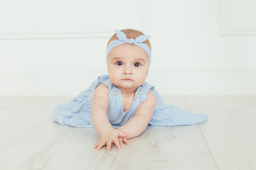Cute baby on white background.Close up head shot of a caucasian baby girl, six months old baby in blue dress looking at camera