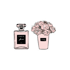 Fashion girl set: french perfume with coffee cup floral with pink flowers. Hand drawn vector illustrations Perfect for invitation, greeting card, poster, print etc., Sketch. Cute stickers for girls. - 212078185