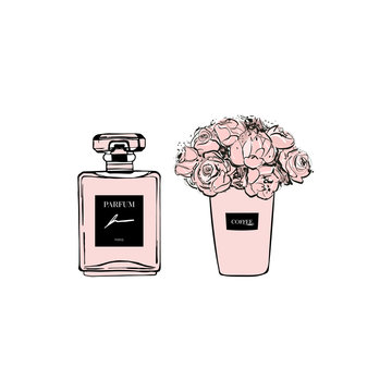 Fashion girl set: french perfume with coffee cup floral with pink flowers. Hand drawn vector illustrations Perfect for invitation, greeting card, poster, print etc., Sketch. Cute stickers for girls.