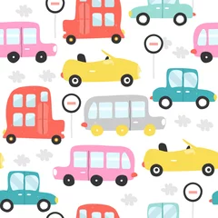 Wallpaper murals Cars Colorful retro cars seamless pattern. Vector hand drawn illustration.