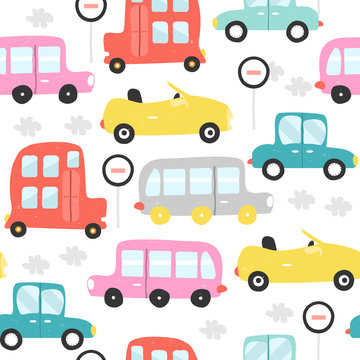 Colorful retro cars seamless pattern. Vector hand drawn illustration.