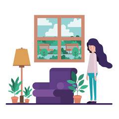 woman in the living room with houseplants scene vector illustration design