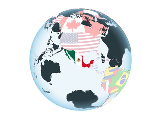 Mexico with flag on globe isolated