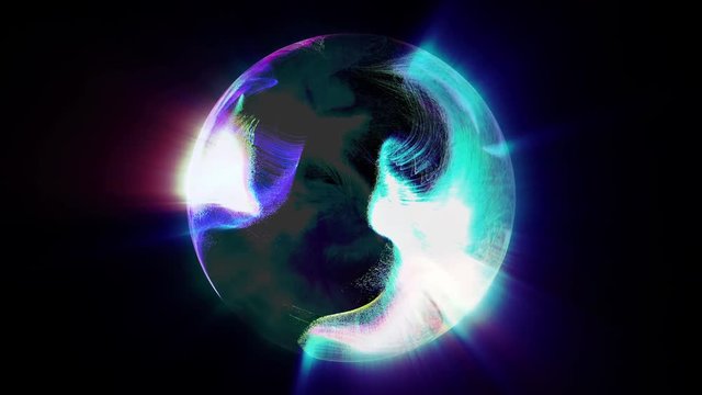 Shining sphere of particles on black background. 3D motion graphics, 4K abstract animation. Seamless loop.
