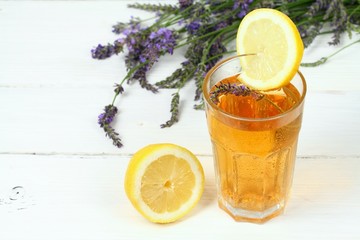 Homemade lavender lemonade. / Made from fresh aromatic lavender flowers, sugar or honey and lemon juice