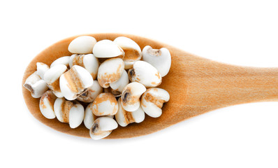 Job's tears in wood spoon on white background