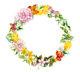 Floral wreath - blooming flowers, field grass. Watercolor round border