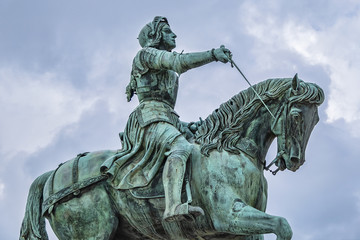 Bronze equestrian statue of Jeanne d'Arc (Joan of Arc, 1855) in the centre of Place du Martroi (Martroi square) in Orleans, France.