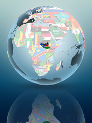 South Sudan on globe with flags