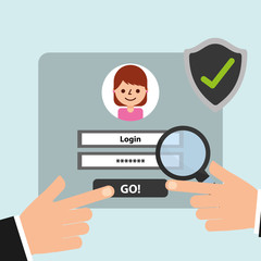 hand website login magnifying glass and check mark