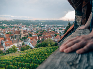 a tourist overlooking a medieval german city from a castle