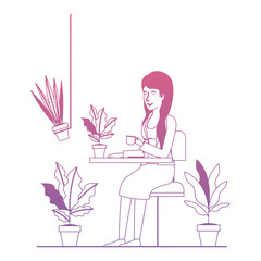 woman in the table drinking coffee with house plants vector illustration design