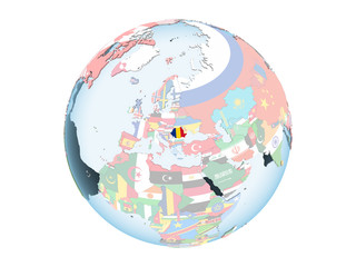 Romania with flag on globe isolated