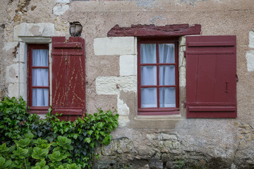 Fototapeta na wymiar Red shuttered cottage windows in the Loire Valley, France