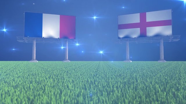3d animated soccer ball bouncing in front of billboards with the flags of France and England with flickering lights in the background in 4K resolution