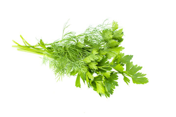 Bundle of fresh dill and parsley, green raw organic leaves, food ingredient, studio shot, isolated on white background