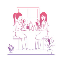 women in the table drinking coffee with house plants vector illustration design