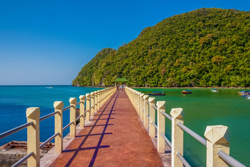 Amazing scenery of Pulau Dayang Bunting's jetty (Island of the Pregnant Maiden) with a beautiful lush green mountain backdrop, blue & turquoise water; tourists waiting to be picked up by motorboats.