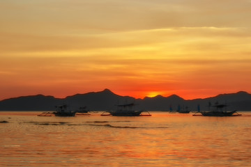  tropical landscape with traditional boats of the Philippines. Elnido, the island of Palawan.