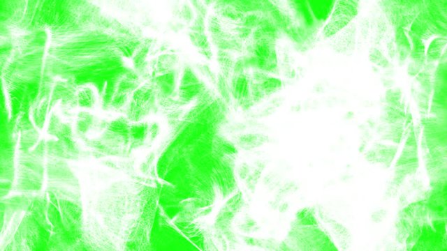 Flows of white particles fill the green screen, 3D animation.