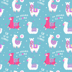 Seamless pattern with llama, star elements. llama pattern with quote. Vector baby animal illustration. Fabric design for sleepwear © vivali