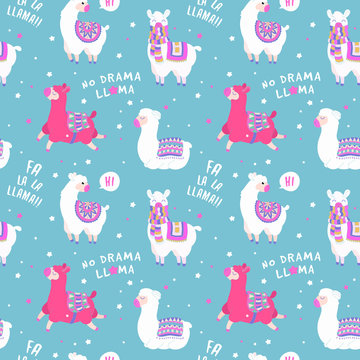 Seamless pattern with llama, star elements. llama pattern with quote. Vector baby animal illustration. Fabric design for sleepwear