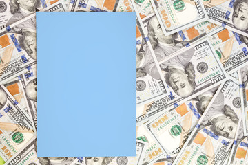 Money background with light blue paper mockup. Copyspace place for text. US currency one hundred dollar banknotes background. Financial, business and investments concept